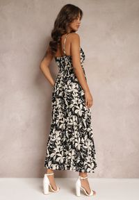 Renee - Czarna Kwiecista Sukienka Maxi z Plisowanym Dołem i Gumką w Talii Xinne. Typ kołnierza: dekolt kopertowy. Kolor: czarny. Długość rękawa: na ramiączkach. Sezon: lato, wiosna. Typ sukienki: kopertowe. Długość: maxi #2