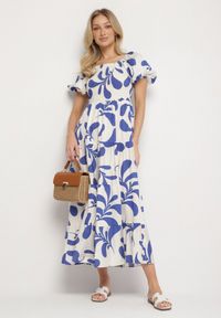 Born2be - Niebieska Rozkloszowana Sukienka z Elastyczną Górą i Bufiastymi Rękawami Orrivene. Okazja: na co dzień. Typ kołnierza: dekolt kwadratowy. Kolor: niebieski. Typ sukienki: proste. Styl: casual, elegancki #3