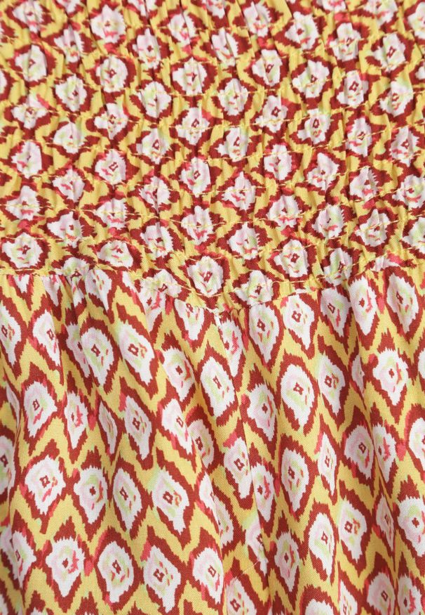 Renee - Żółto-Pomarańczowe Szerokie Spodnie z Wiskozy z Marszczoną Gumką w Talii Mellody. Kolor: żółty. Materiał: wiskoza. Styl: boho