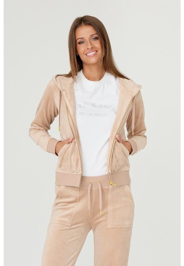 Juicy Couture - JUICY COUTURE Beżowa damska bluza Robertson, Rozmiar M. Typ kołnierza: kaptur. Kolor: beżowy. Materiał: welur