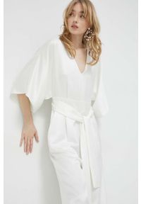 Hugo - HUGO kombinezon kolor biały z dekoltem w szpic. Okazja: na co dzień. Kolor: biały. Materiał: tkanina, poliester. Długość rękawa: krótki rękaw. Długość: krótkie. Styl: casual #2