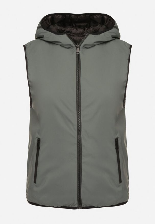 Born2be - Zielona Dwustronna Kamizelka z Kapturem Zdobiona Pikowanymi Przeszyciami Tuliona. Okazja: na spacer. Typ kołnierza: kaptur. Kolekcja: plus size. Kolor: zielony. Materiał: jeans. Wzór: aplikacja. Styl: elegancki