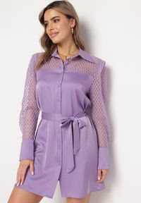 Born2be - Fioletowa Koszulowa Mini Sukienka z Materiałowym Paskiem i Siateczką w Górnej Części Gudris. Kolor: fioletowy. Materiał: materiał. Typ sukienki: koszulowe. Długość: mini #1