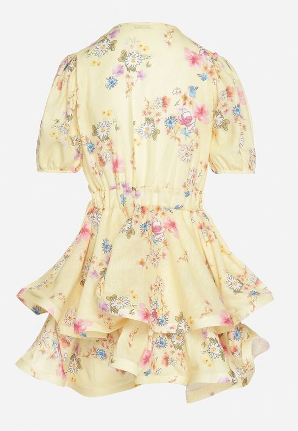 Born2be - Żółta Bawełniana Sukienka w Kwiaty o Rozkloszowanym Kroju z Falbankami Norittia. Okazja: na co dzień. Typ kołnierza: kołnierz z falbankami. Kolor: żółty. Materiał: bawełna. Długość rękawa: krótki rękaw. Wzór: kwiaty. Styl: casual, elegancki