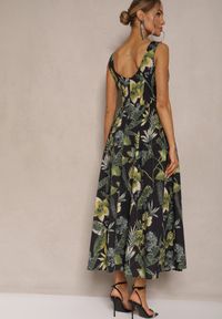 Renee - Czarna Sukienka w Roślinny Wzór z Bawełny o Rozkloszowanym Kroju Korlio. Kolor: czarny. Materiał: bawełna. Sezon: lato