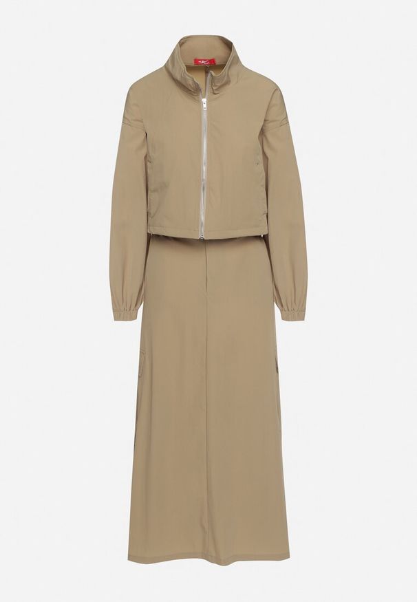 Born2be - Ciemnobeżowy Komplet Casualowy Bluza z Suwakiem i Stójką oraz Spódnica z Kieszeniami Hettora. Kolor: beżowy