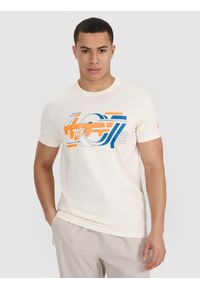 4f - 4F T-shirt regular z nadrukiem męski - beżowy M. Okazja: na co dzień. Kolor: beżowy. Materiał: bawełna, jersey, materiał. Długość rękawa: krótki rękaw. Długość: krótkie. Wzór: nadruk. Styl: sportowy, casual, klasyczny