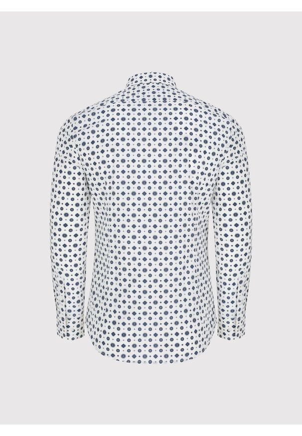 Pako Lorente - Biała koszula w niebieski wzór geometryczny. Kolor: wielokolorowy, niebieski, biały. Materiał: bawełna, elastan. Długość rękawa: długi rękaw. Długość: długie. Wzór: geometria