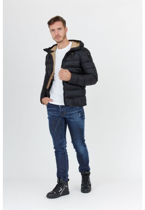 Blauer USA - BLAUER Czarna puchowa kurtka męska z kapturem. Typ kołnierza: kaptur. Kolor: czarny. Materiał: puch