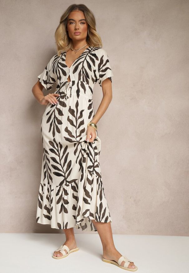 Renee - Czarna Wiskozowa Sukienka z Motywem Liści Verilin. Typ kołnierza: kołnierz z falbankami. Kolor: czarny. Materiał: wiskoza. Styl: klasyczny