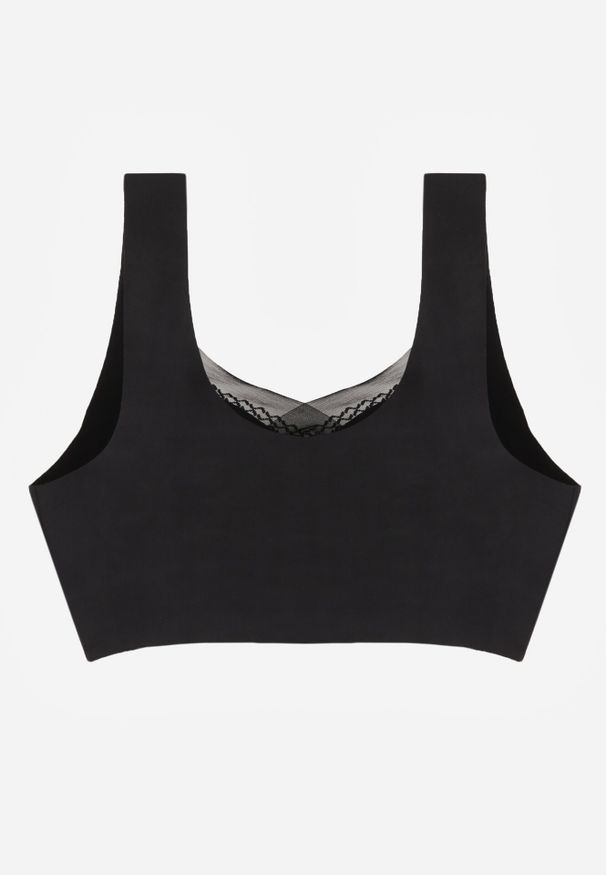 Born2be - Czarny Biustonosz Sportowy z Siateczką i Usztywnionymi Miseczkami Zerirae. Kolor: czarny. Materiał: dresówka. Rodzaj stanika: wyciągane miseczki