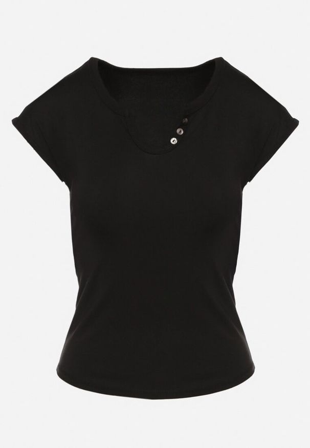 Born2be - Czarny T-shirt o Dopasowanym Kroju z Wycięciem i Guzikami przy Dekolcie Ballirea. Okazja: na co dzień. Kolor: czarny. Materiał: jeans. Wzór: aplikacja. Styl: casual, elegancki