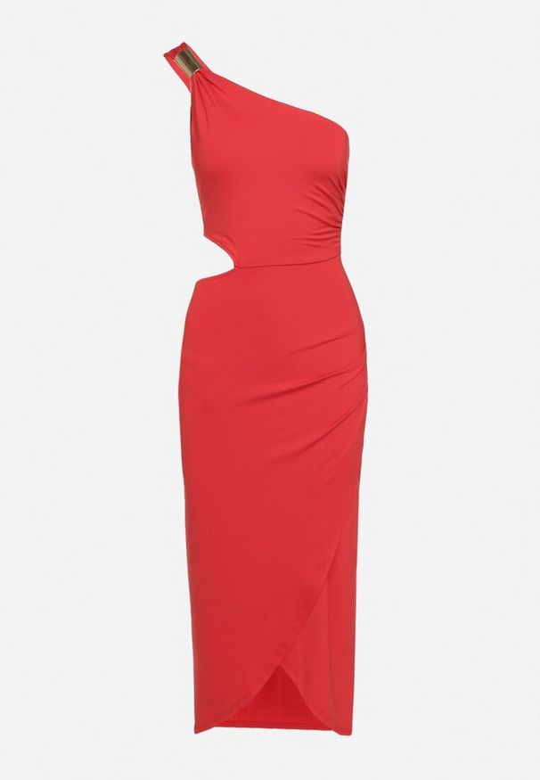 Born2be - Czerwona Asymetryczna Sukienka Koktajlowa na Jedno Ramię z Wycięciem i Metalową Klamrą Violea. Okazja: na imprezę. Kolor: czerwony. Długość rękawa: długi rękaw. Typ sukienki: asymetryczne. Styl: wizytowy