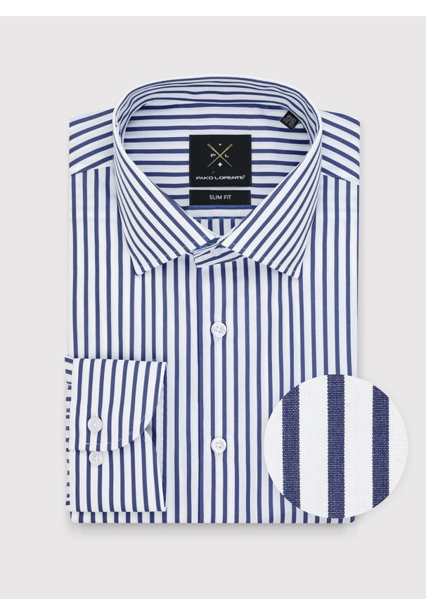 Pako Lorente - PAKO LORENTE – Bawełniana koszula męska w granatowe paski. Kolor: niebieski. Materiał: bawełna. Długość rękawa: długi rękaw. Długość: długie. Wzór: paski