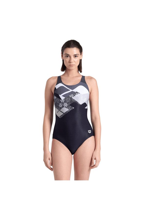 Strój kąpielowy damski jednoczęściowy na basen Arena Logo Kikko. Kolor: szary, wielokolorowy, czarny