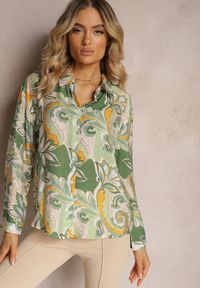 Renee - Zielona Klasyczna Koszula w Abstrakcyjny Print Hastar. Okazja: na co dzień. Kolor: zielony. Materiał: jeans. Długość rękawa: długi rękaw. Długość: długie. Wzór: nadruk. Styl: klasyczny #5