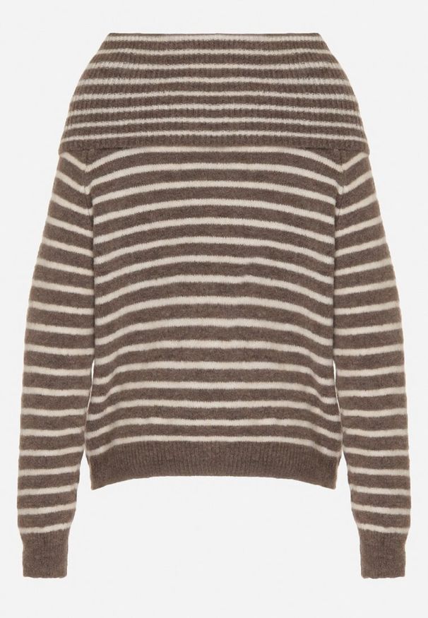 Born2be - Jasnobrązowy Sweter w Paski z Dodatkiem Wełny i Wiskozy z Odkrytymi Ramionami Nedarra. Okazja: na co dzień. Kolor: brązowy. Materiał: wiskoza, wełna. Wzór: paski. Styl: elegancki, casual