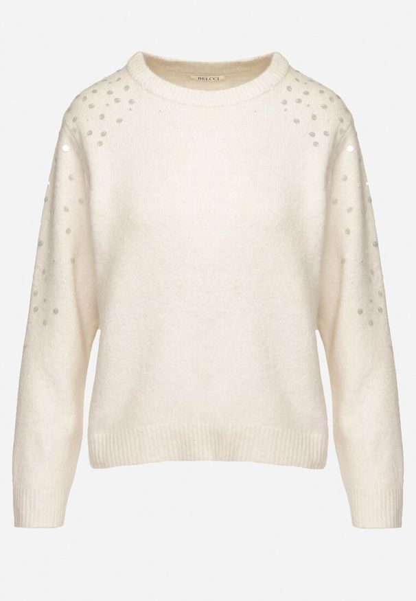 Born2be - Jasnobeżowy Sweter z Bawełną Ozdobiony Cekinami Ceana. Okazja: na co dzień. Kolor: beżowy. Materiał: bawełna. Długość rękawa: długi rękaw. Długość: długie. Wzór: aplikacja. Styl: elegancki, casual