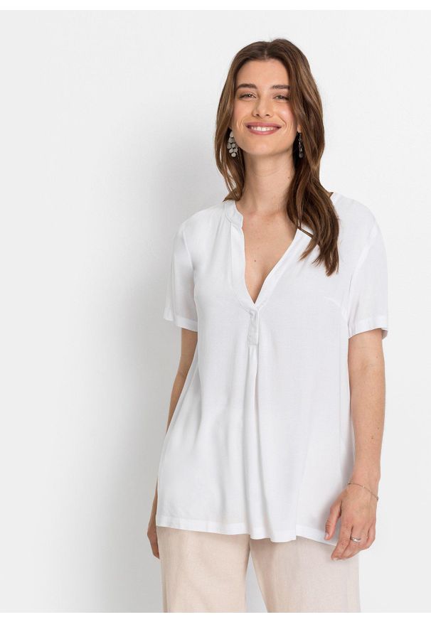 bonprix - Długa tunika ze zrównoważonej wiskozy. Typ kołnierza: typu henley. Kolor: biały. Materiał: wiskoza. Długość: długie