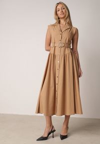 Born2be - Beżowa Koszulowa Sukienka Bez Rękawów z Wiskozy i Bawełny z Paskiem Suranon. Okazja: na co dzień. Kolor: beżowy. Materiał: wiskoza, bawełna. Długość rękawa: bez rękawów. Sezon: wiosna, lato. Typ sukienki: koszulowe. Styl: casual, elegancki, klasyczny #5