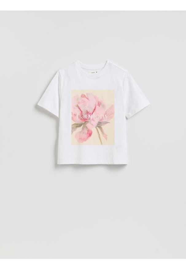 Reserved - Bawełniany t-shirt z nadrukiem - biały. Kolor: biały. Materiał: bawełna. Wzór: nadruk