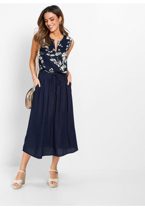bonprix - Spódnica maxi z wiskozy z wygodnym ściągaczem w talii z wiązanym paskiem. Kolor: niebieski. Materiał: wiskoza. Wzór: nadruk. Styl: elegancki