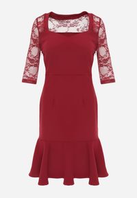 Renee - Bordowa Sukienka VICES o Taliowanym Kroju z Rękawami z Koronki Metirei. Kolor: czerwony. Materiał: koronka. Wzór: koronka. Styl: elegancki #6