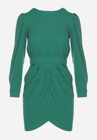 Born2be - Zielona Sukienka z Marszczeniem i Bufiastymi Rękawami Redenia. Kolor: zielony. Styl: klasyczny, elegancki #4