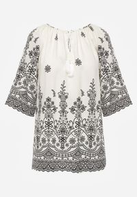 Born2be - Biało-Czarna Bluzka z Wiskozy z Kwiatowym Wzorem Wiązaniem i Frędzlami Hawnalue. Okazja: do pracy, na co dzień, na spacer. Kolor: biały. Materiał: wiskoza. Wzór: kwiaty. Styl: boho, elegancki, casual #6