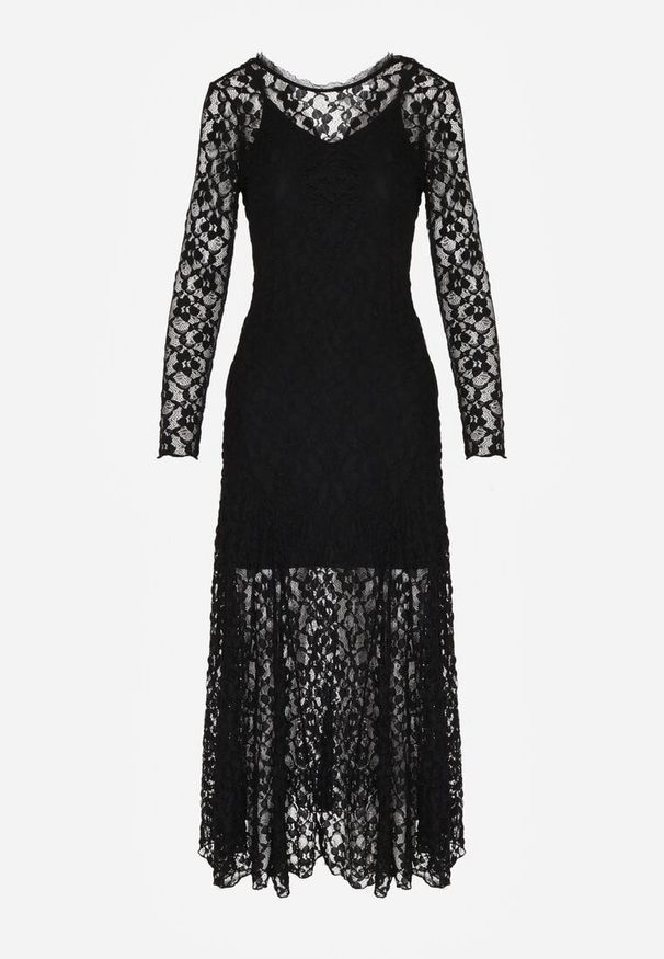 Born2be - Czarna Koronkowa Sukienka Taliowana z Odkrytymi Plecami Talifera. Kolor: czarny. Materiał: koronka. Długość rękawa: na ramiączkach. Wzór: koronka. Styl: elegancki, klasyczny