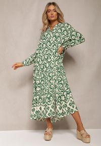 Renee - Zielona Koszulowa Sukienka Ozdobiona Ornamentalnym Printem Crypta. Kolor: zielony. Materiał: tkanina. Wzór: nadruk, aplikacja. Typ sukienki: koszulowe #5