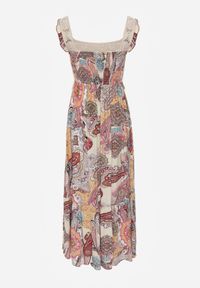 Renee - Beżowo-Różowa Sukienka Grayah. Typ kołnierza: dekolt kwadratowy, kołnierz z falbankami. Kolor: beżowy. Materiał: wiskoza, tkanina. Długość rękawa: na ramiączkach. Wzór: aplikacja, haft. Styl: boho, elegancki. Długość: maxi #6