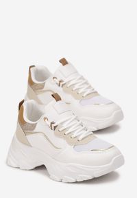 Born2be - Biało-Złote Sneakersy na Grubej Podeszwie z Metalicznymi Wstawkami Andoma. Wysokość cholewki: przed kostkę. Kolor: biały. Szerokość cholewki: normalna. Wzór: aplikacja #5