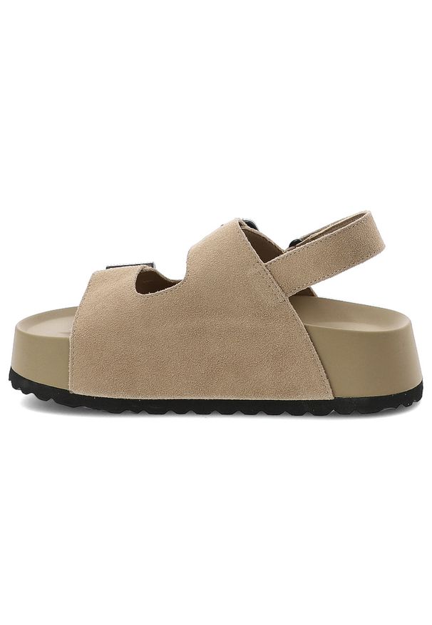 Big-Star - Sandały damskie Big Star, cholewka ze skóry naturalnej zamszowej z regulowanymi paskami na grubej platformie, beżowe, TT274235. Okazja: na co dzień, na spacer. Zapięcie: pasek. Kolor: beżowy. Materiał: skóra, zamsz. Wzór: paski. Sezon: lato. Obcas: na platformie. Styl: wakacyjny, sportowy, casual, elegancki