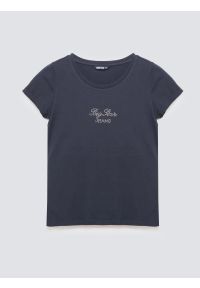 Big-Star - Koszulka damska z napisem z cyrkonii granatowa Malvina 403. Okazja: na co dzień. Kolor: niebieski. Materiał: bawełna, jeans, dzianina. Wzór: napisy. Styl: klasyczny, casual, elegancki