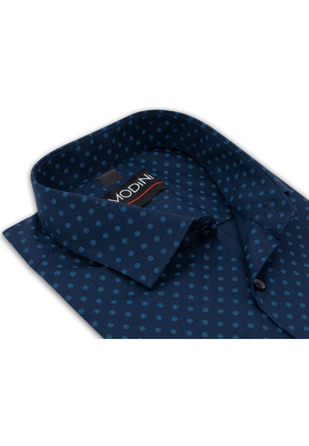 Modini - Granatowa koszula męska - niebieskie kwiatki Y35. Kolor: niebieski. Materiał: bawełna, poliester, tkanina. Wzór: kwiaty. Styl: klasyczny