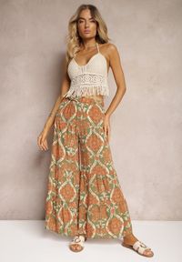 Renee - Zielono-Pomarańczowe Spodnie z Wiskozy z Szerokimi Nogawkami High Waist Wykończone Gumką w Talii Risettasmi. Stan: podwyższony. Kolor: zielony. Materiał: wiskoza. Sezon: lato