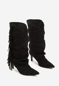 Born2be - Czarne Botki Boho na Szpilce z Marszczoną Cholewką z Frędzlami Fesionela. Okazja: na randkę, na co dzień. Kolor: czarny. Materiał: jeans, dzianina. Szerokość cholewki: normalna. Wzór: aplikacja. Sezon: jesień. Obcas: na szpilce. Styl: boho #3