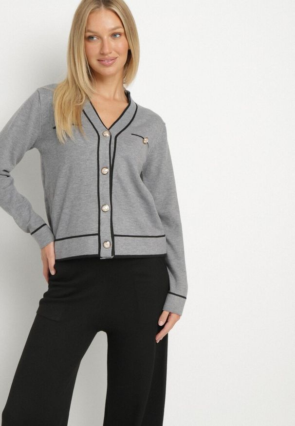 Born2be - Szary Dzianinowy Komplet Szerokie Spodnie i Kardigan z Lamówkami Gioresa. Kolor: szary. Materiał: dzianina. Wzór: gładki