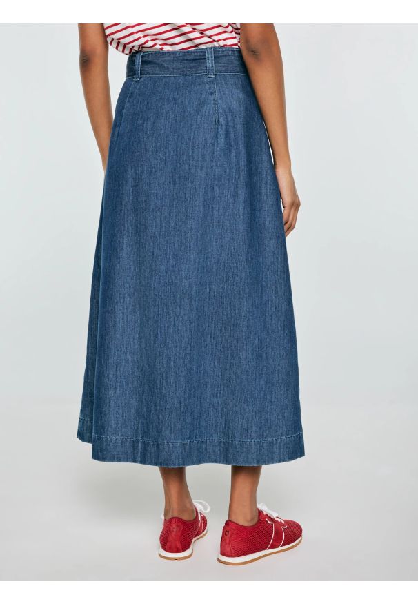 Big-Star - Spódnica damska midi jeansowa rozkloszowana granatowa Bria 544. Kolor: niebieski. Materiał: jeans. Styl: elegancki