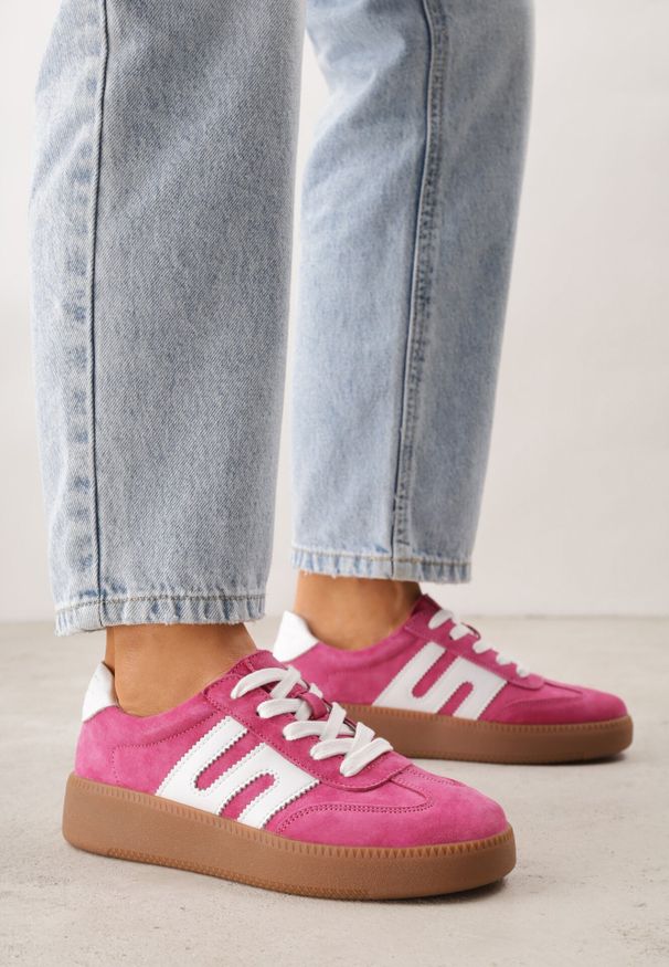 Born2be - Fuksjowe Skórzane Sneakersy na Kauczukowej Podeszwie z Geometrycznym Motywem Shytyse. Kolor: różowy. Materiał: kauczuk, skóra. Wzór: geometria