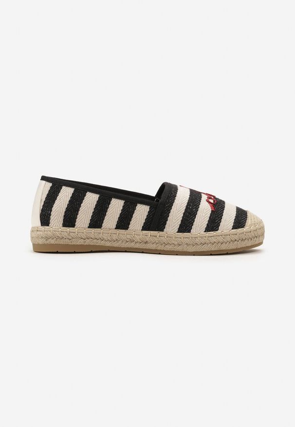Born2be - Czarne Espadryle w Paski z Ozdobnym Napisem Golena. Zapięcie: pasek. Kolor: czarny. Wzór: napisy, paski. Sezon: lato. Styl: klasyczny, elegancki