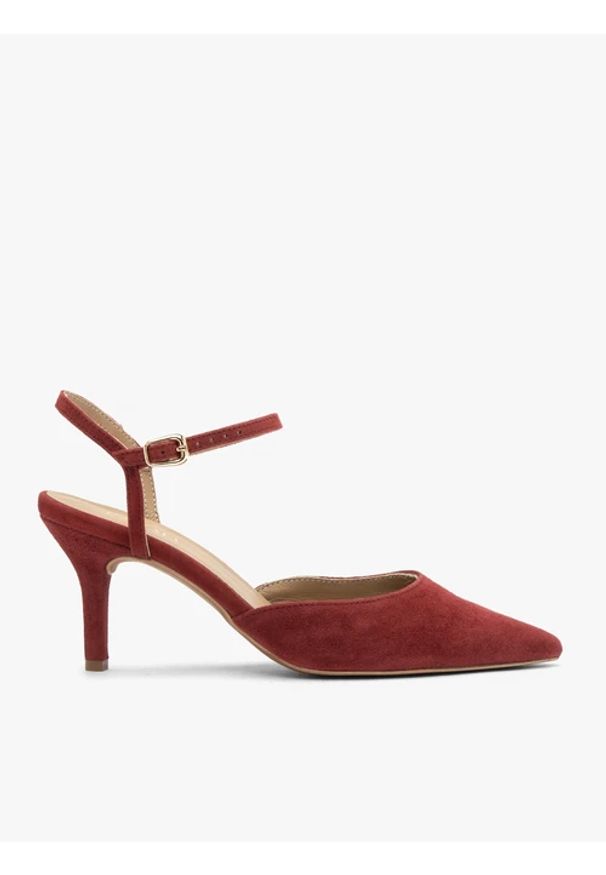 Ryłko - Bordowe czółenka slingback bez pięty. Okazja: na wesele, na ślub cywilny. Zapięcie: pasek. Kolor: czerwony. Materiał: welur, skóra. Styl: street, klasyczny, elegancki