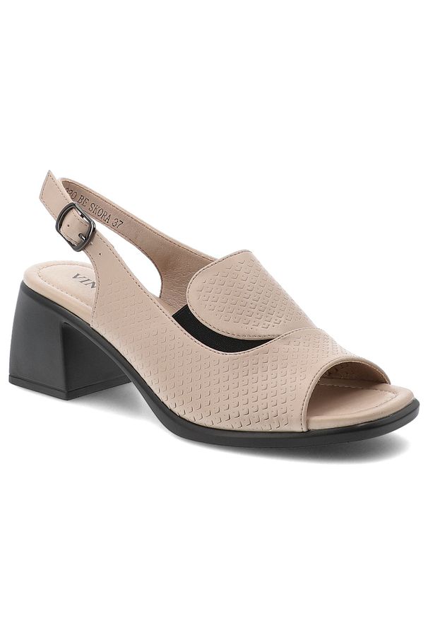 Sandały damskie Vinceza, cholewka ze skóry naturalnej licowej odkryty przód elegancki fason stabilny obcas, beżowe, 66920. Kolor: beżowy. Materiał: skóra. Obcas: na obcasie. Styl: elegancki. Wysokość obcasa: średni