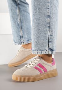 Renee - Beżowo-Fuksjowe Sneakersy Tenisówki z Wkładką ze Skóry Naturalnej Ozdobione Tłoczeniem Meluella. Okazja: na co dzień, na spacer. Kolor: beżowy. Materiał: skóra. Wzór: aplikacja. Sezon: wiosna. Sport: turystyka piesza #4
