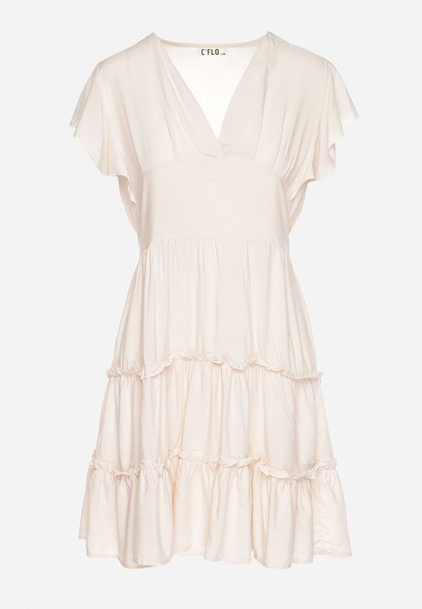 Born2be - Beżowa Gładka Sukienka Mini Taliowana z Falbankami Wokół Ramion Zynnas. Typ kołnierza: kołnierz z falbankami. Kolor: beżowy. Wzór: gładki. Sezon: lato. Długość: mini