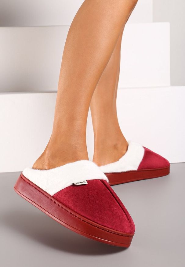 Born2be - Bordowe Płaskie Kapcie z Futerkiem Leretha. Okazja: do domu. Kolor: czerwony. Materiał: futro. Styl: elegancki