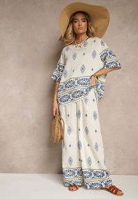 Renee - Beżowo-Niebieski Komplet z Wiskozy w Etniczny Wzór Szerokie Spodnie i T-shirt Sarivianne. Kolor: niebieski. Materiał: wiskoza #3