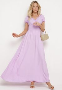 Born2be - Fioletowa Wiskozowa Sukienka z Gumką w Pasie i Trójkątnym Dekoltem Quneri. Okazja: na randkę, na spacer, na imprezę. Kolor: fioletowy. Materiał: wiskoza. Typ sukienki: sportowe. Styl: elegancki, sportowy #3