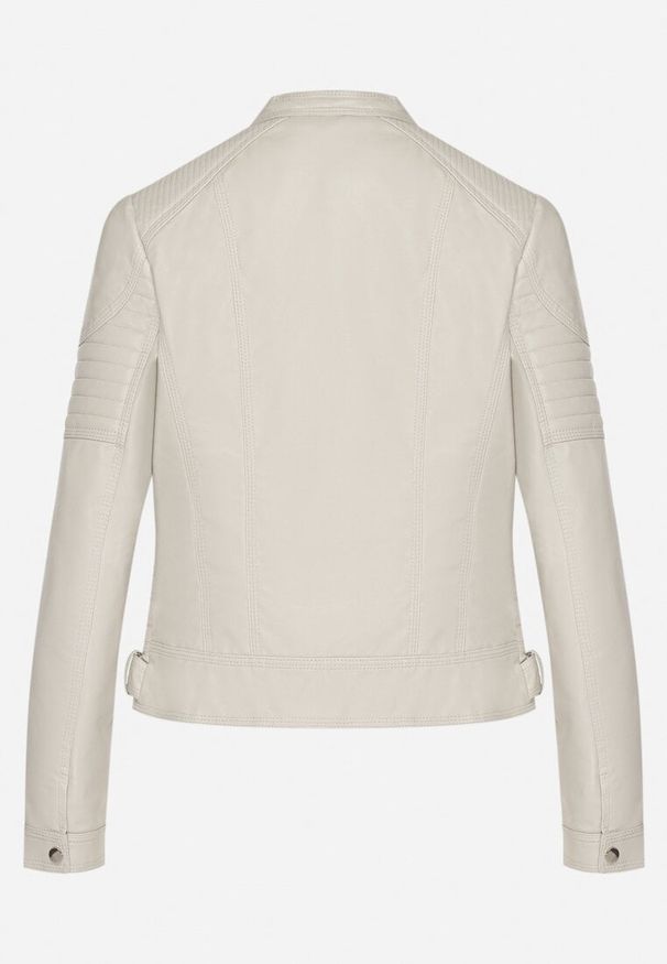 Born2be - Jasnobeżowa Kurtka Ramoneska w Motocyklowym Stylu ze Stójką i Napami Talirina. Okazja: na co dzień. Typ kołnierza: kołnierzyk stójkowy. Kolor: beżowy. Materiał: jeans. Styl: casual, elegancki